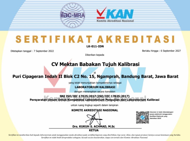 sertifikat KAN CV Mektan Babakan Tujuh Kalibrasi