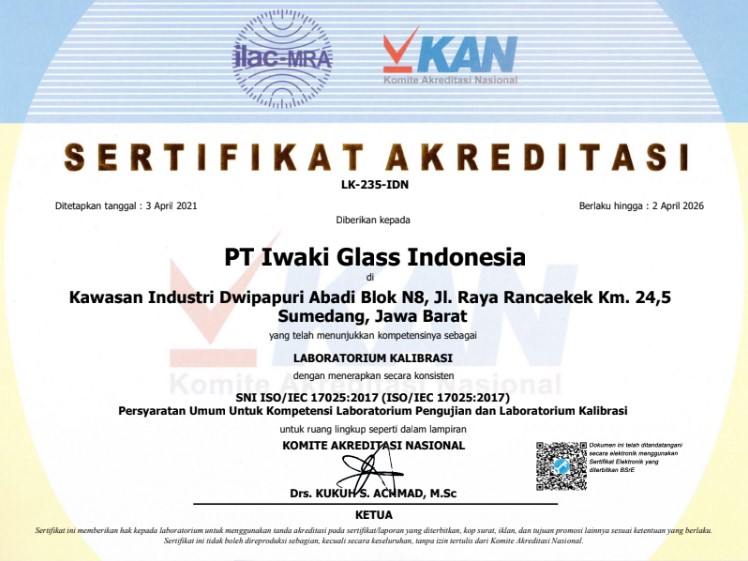 sertifikat KAN PT Iwaki Glass Indonesia