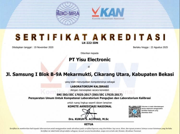sertifikat KAN PT Yi Su Electronics