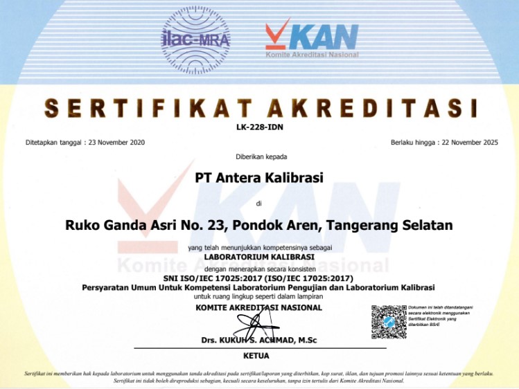 sertifikat akreditasi KAN PT Antera Kalibrasi