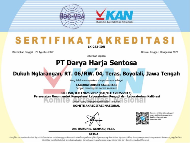 sertifikat akreditasi KAN PT Darya Harja Sentosa