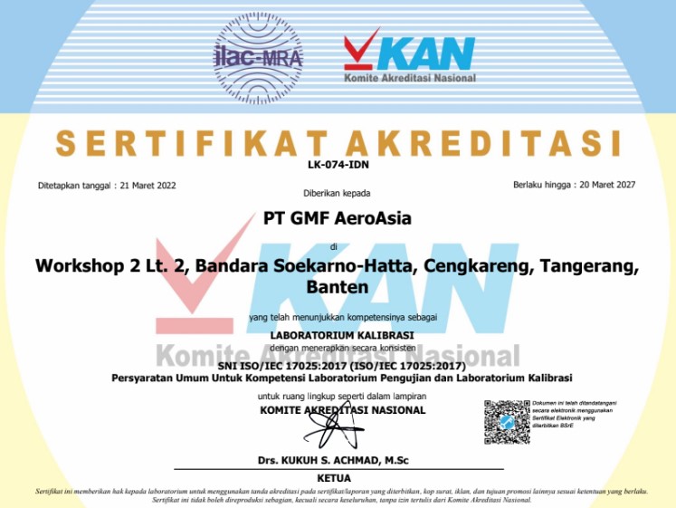 sertifikat akreditasi KAN PT GMF AeroAsia