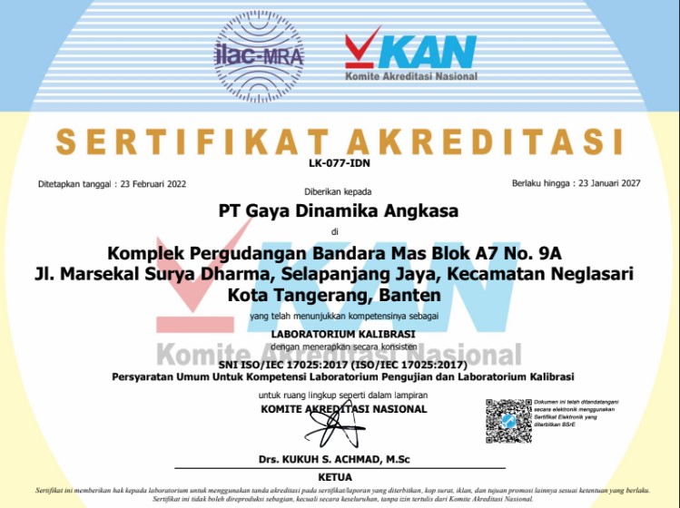 sertifikat akreditasi KAN PT Gaya Dinamika Angkasa