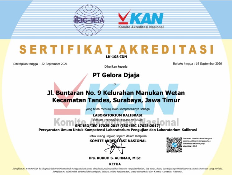 sertifikat akreditasi KAN PT Gelora Djaja