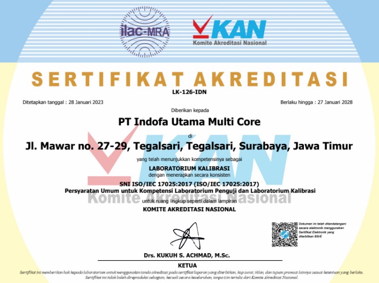 sertifikat akreditasi KAN PT Indofa Utama Multi Core
