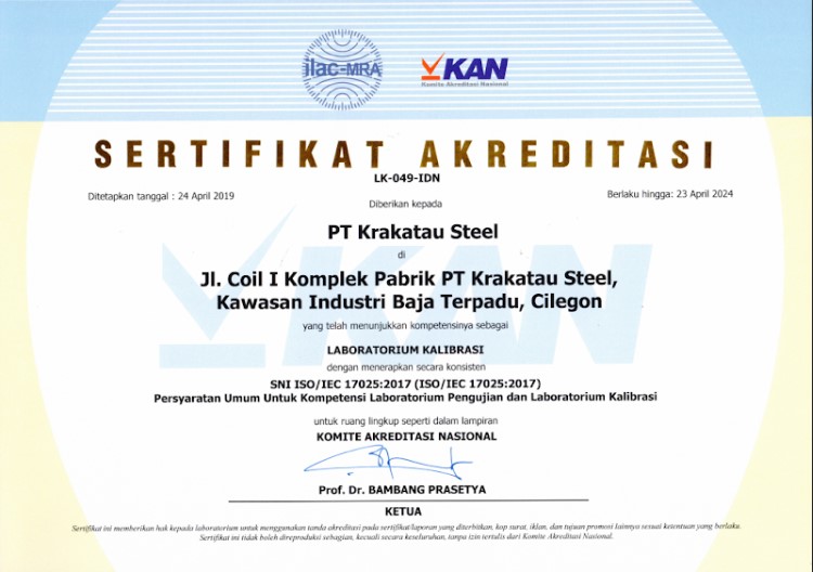 sertifikat akreditasi KAN PT Krakatau Steel