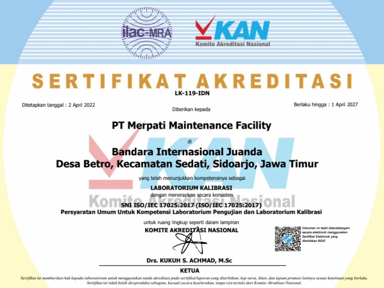 sertifikat akreditasi KAN PT Merpati Maintenance Facility
