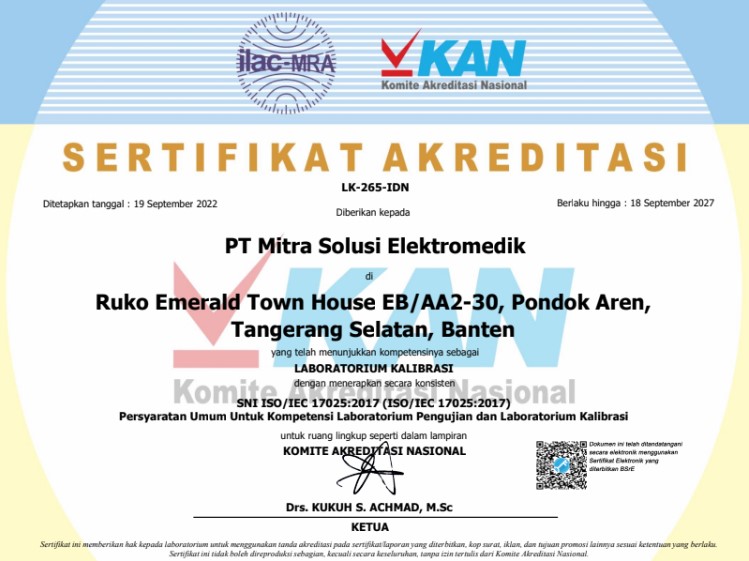 sertifikat akreditasi KAN PT Mitra Solusi Elektromedik