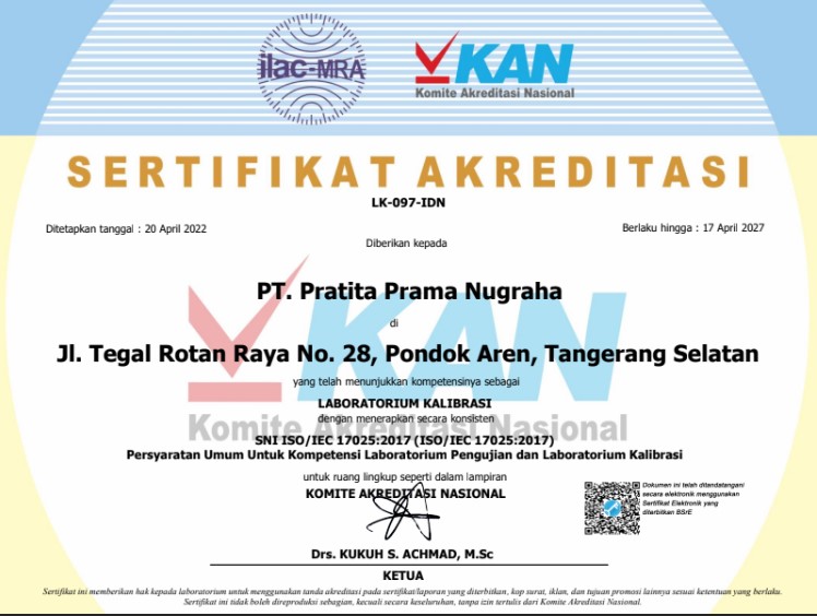 sertifikat akreditasi KAN PT Pratita Prama Nugraha