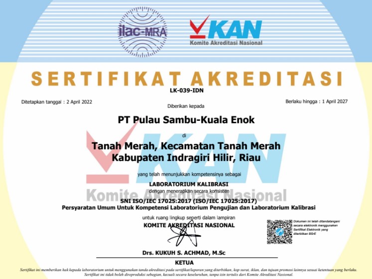 sertifikat akreditasi KAN PT Pulau Sambu Kuala Enok