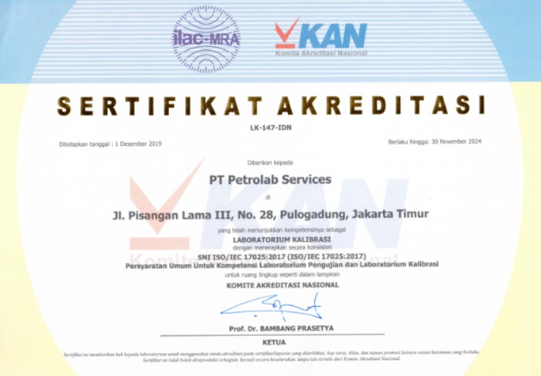 sertifikat kan PT Petrolab Services