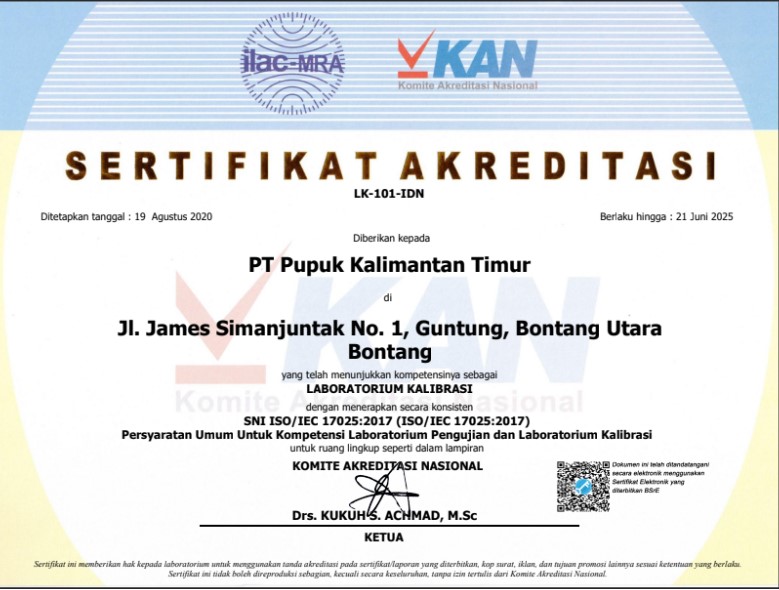 sertifikat PT Pupuk Kalimantan Timur