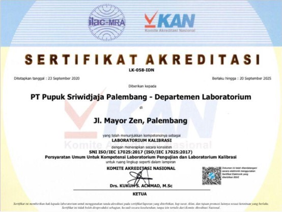 sertifikat PT Pupuk Sriwidjaja Palembang