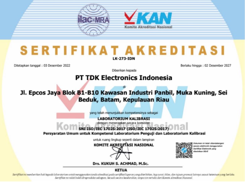 sertifikat PT TDK Electronics Indonesia